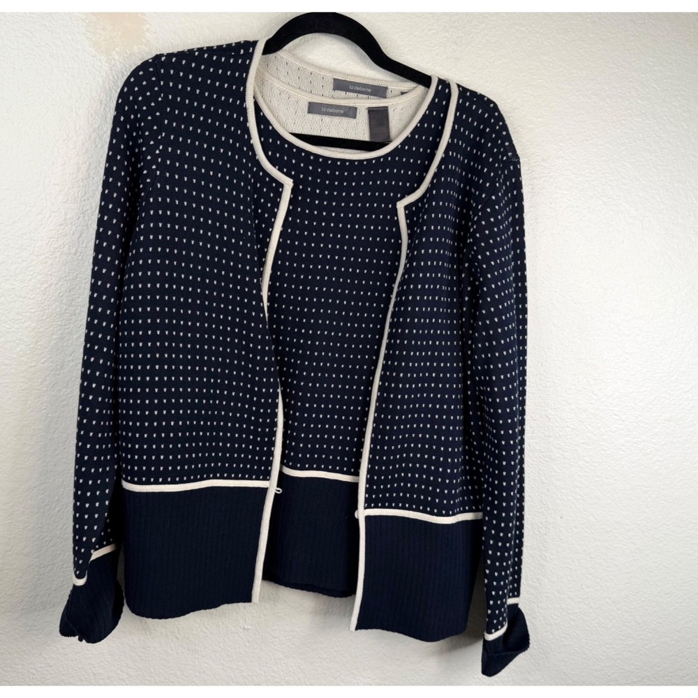Liz Claiborne Womens Sweater Twin Set Cardigan Tank Blue Sz L Polka Dot Preppy